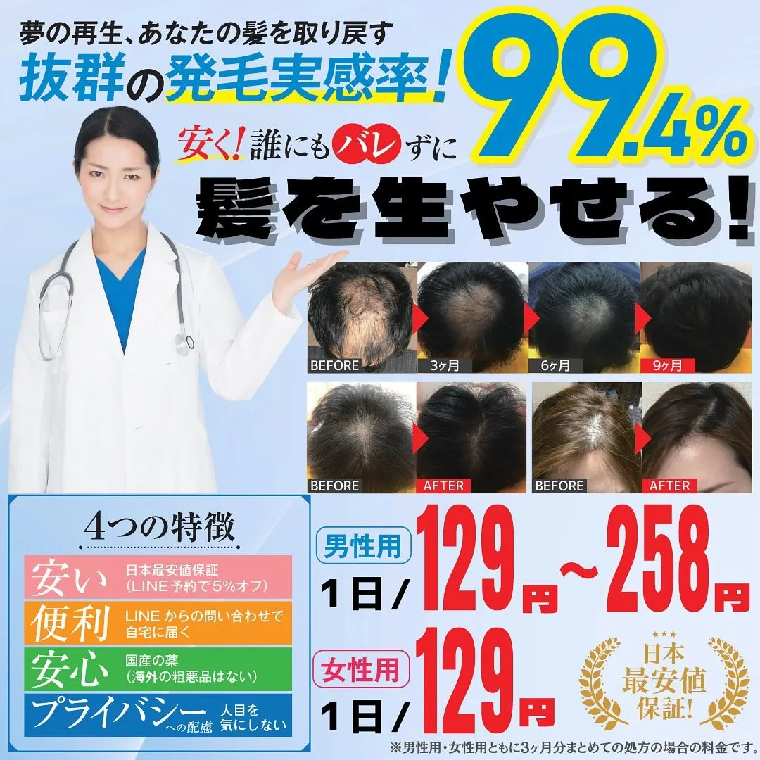 発毛実感率99.4％‼️1日129円から続けられるAGA治療...
